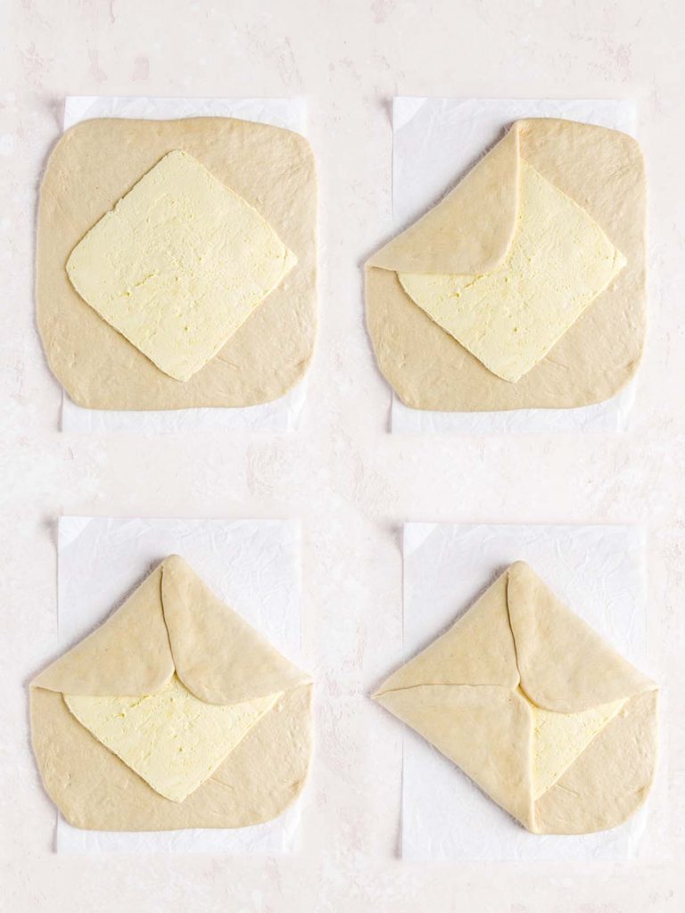 4 Steps of enclosing butter block in laminated dough base.