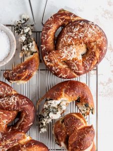 Close up of Soft Pretzels Filled with Spinach and Feta