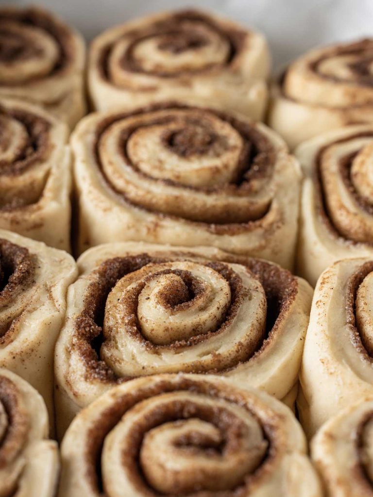 Close up of cinnamon rolls uncooked.