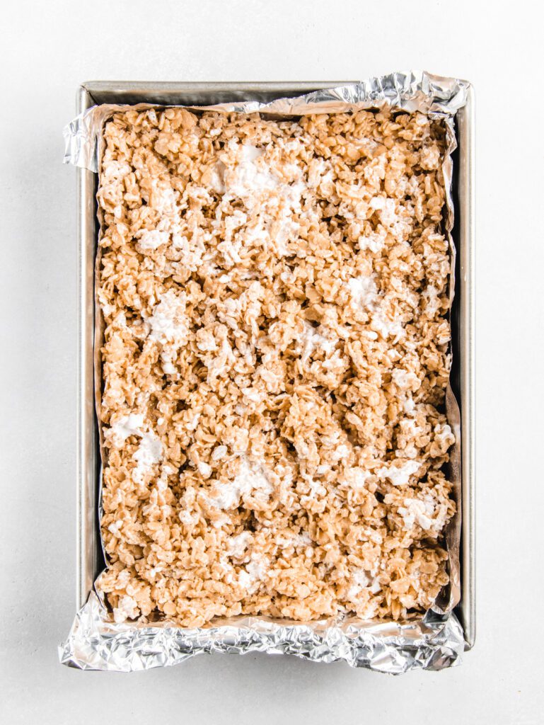 Pan of marshmallow cereal bars.