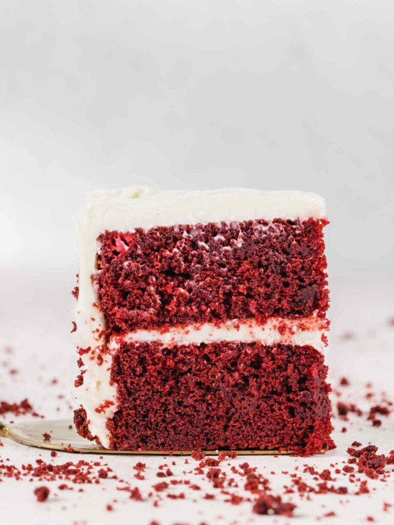 Slice of two-layer red velvet cake on pie server.