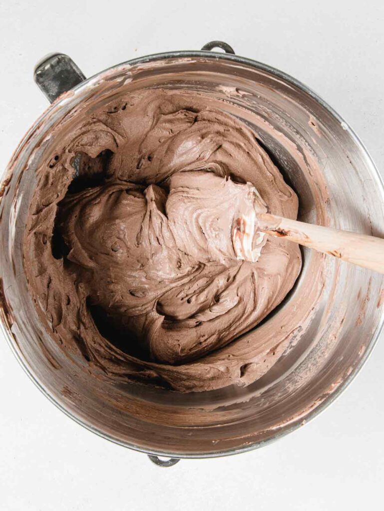 Mixing bowl with chocolate ice cream base.