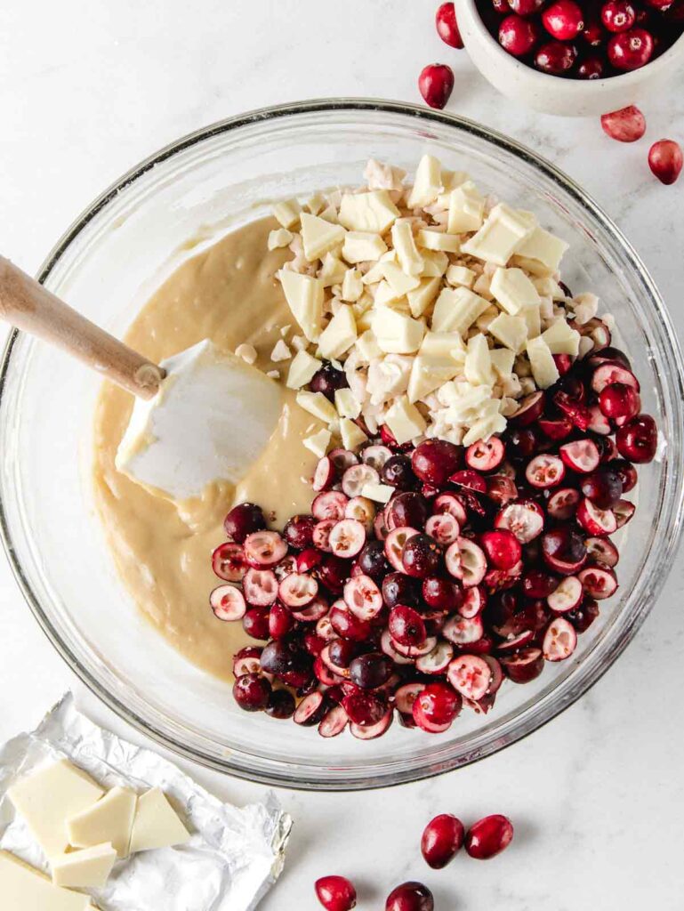 Batter with cranberries and white chocolate.