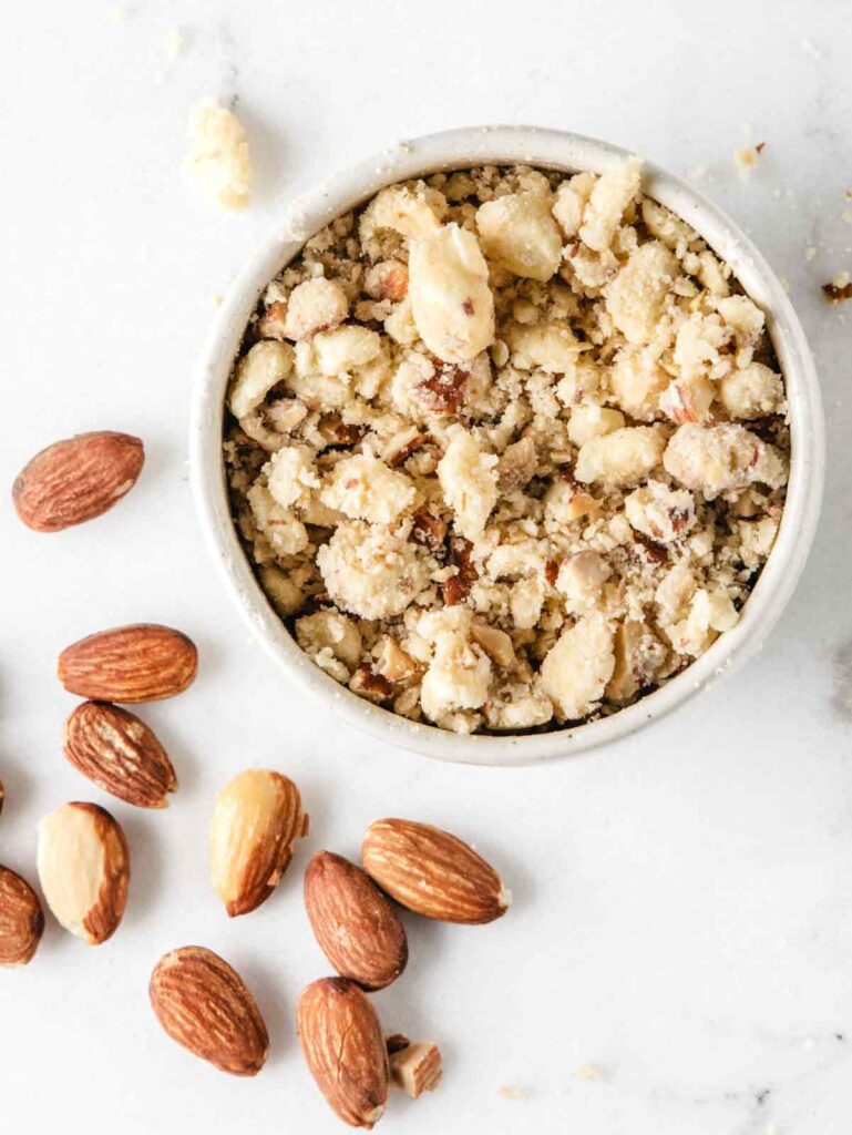 Almond streusel topping in bowl.