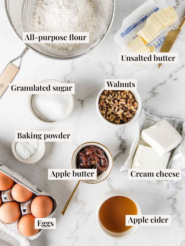 Apple butter cake ingredients with labels.