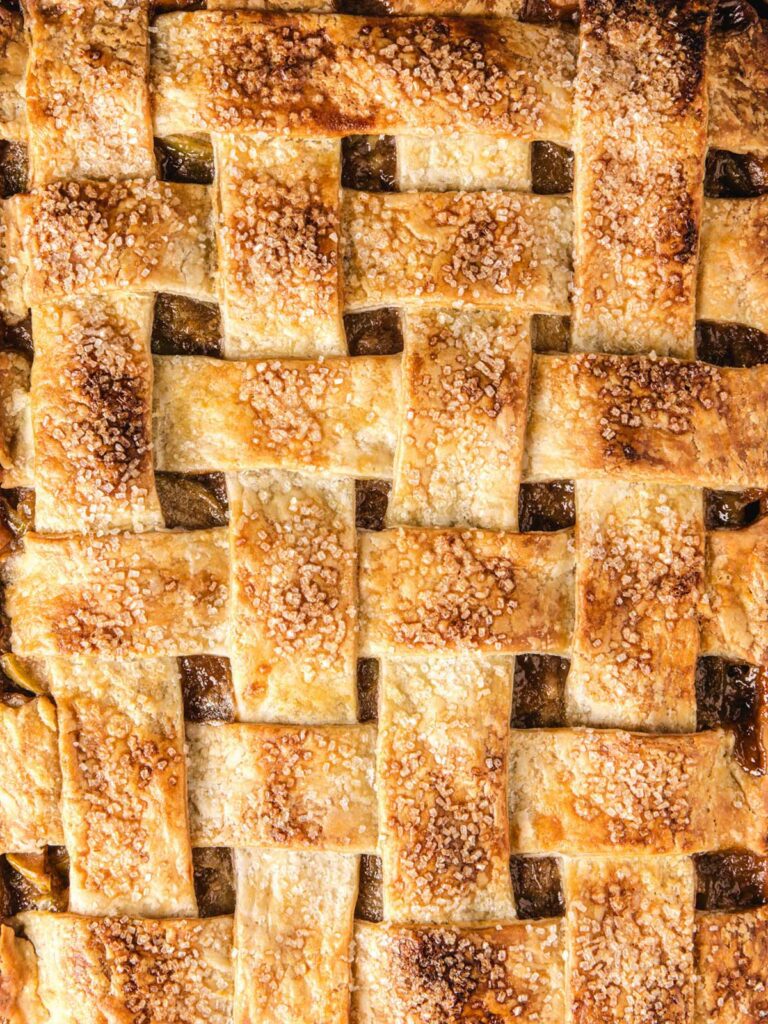 Close of up lattice crust on pie.