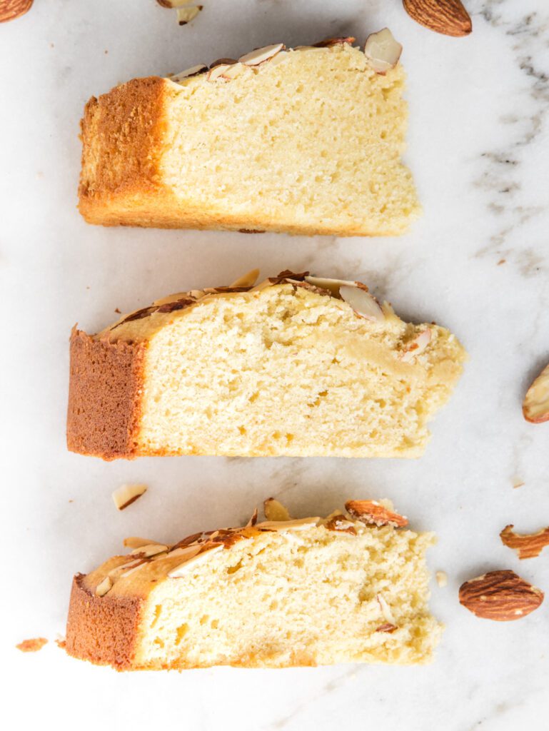 Three slices on almond cake showing various tests.